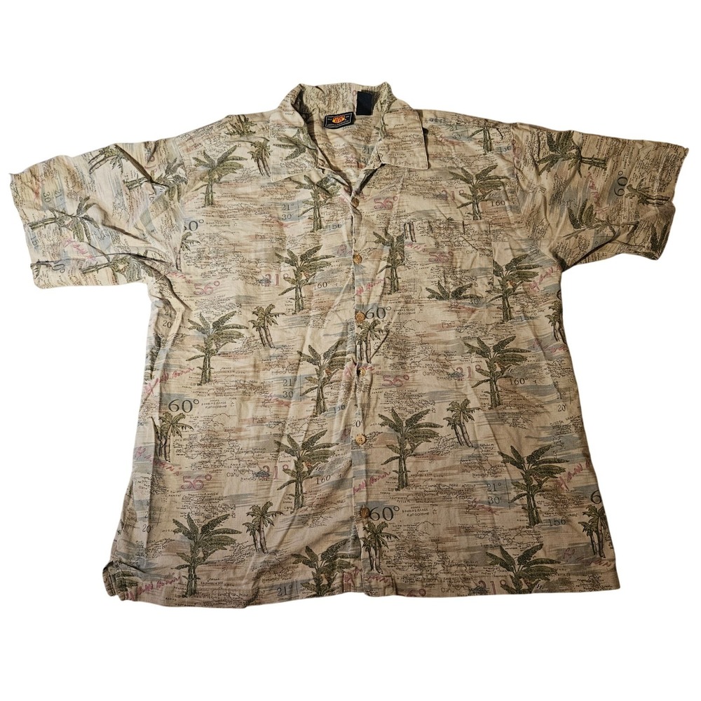 Island Map Print Button Up Shirt Palm Tree Tourist Vacation Menswear